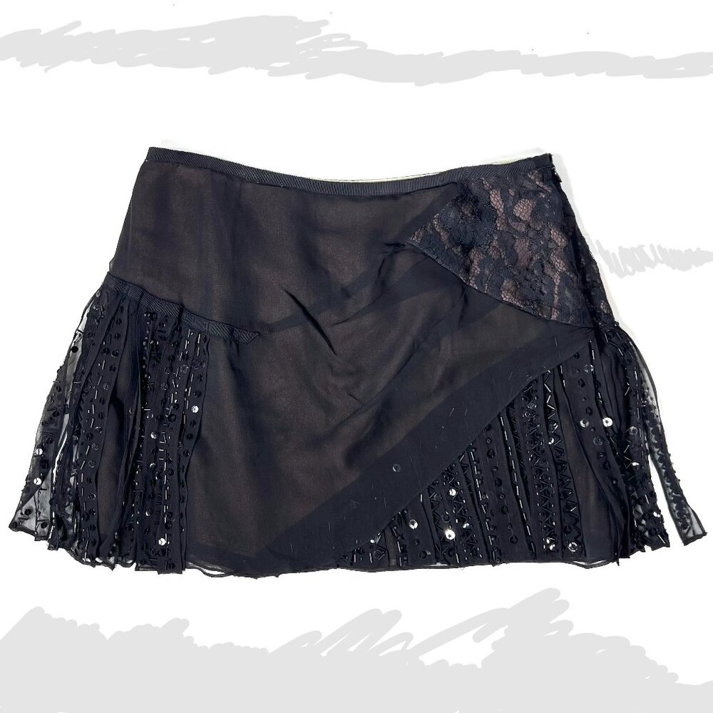 NANETTE LEPORE Black Lace Bead Sequin Fringe Runway Silk Mini Skirt 8